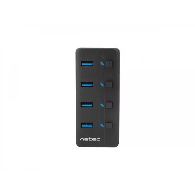 Natec Mantis 2 NHU-1557 hub USB 3.0 de 4 puertos, entrada USB Type-B, interruptores de encendido/apagado, adaptador de corriente, negro