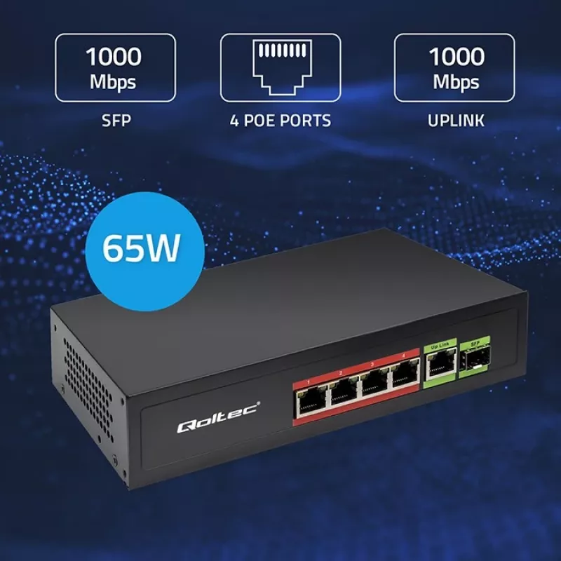 Switch Ethernet PoE QOLTEC 52296 — 4 puertos RJ45 PoE, 1 uplink RJ45