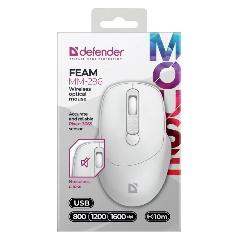Defender Feam MM-296 52297 ratón inalámbrico, clic silencioso, óptico, 1600 DPI, USB, blanco