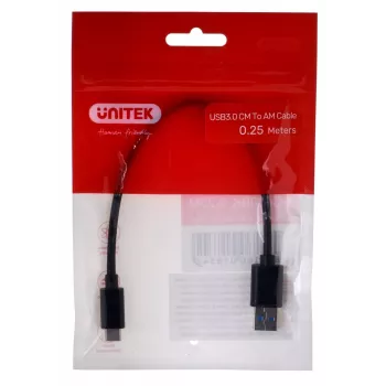Cable USB-C a USB-A Unitek Y-C490BK 3.1 Gen1 (USB 3.0), 0,25 m, negro, conector macho a conector macho
