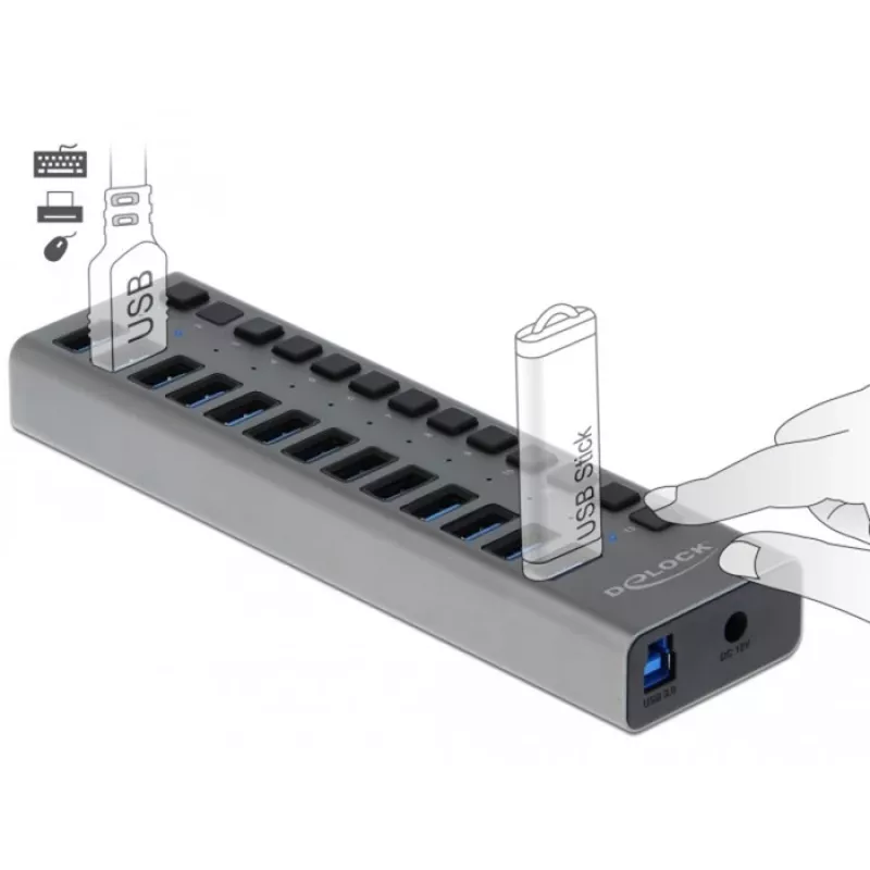 DeLOCK hub externo USB 5 Gbit/s con 13 puertos + interruptor, USB 3.2 Gen 1 (3.1 Gen 1) Type-B, USB 3.2 Gen 1 (3.1 Gen 1) Type-A, 5000 Mbit/s, gris, aluminio, 1 m