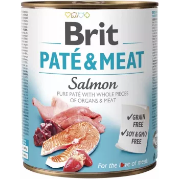 Alimento húmedo para perros Brit Paté & Meat con salmón 800 g – comida completa en lata para perros adultos, sabor pollo, sin cereales, 75 % humedad