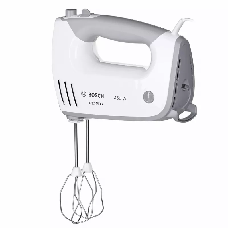 Batidora de mano Bosch MFQ36480 – 450 W, 5 velocidades con turbo, gris/blanco, varillas y ganchos amasadores