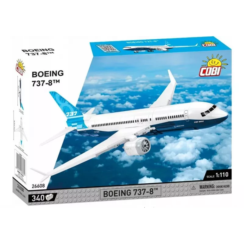 Set de construcción Cobi Boeing 737-8 — 340 piezas, edad recomendada 7+, azul y blanco