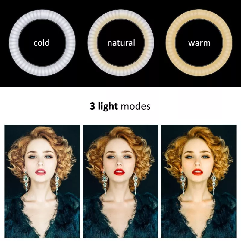 Maclean MCE610 10 12W anillo de luz LED con trípode y disparador Bluetooth, 3 colores, 10 niveles de brillo, brillo ajustable del 10% al 100%, 160 LED, soporte para smartphone, luz de iluminación