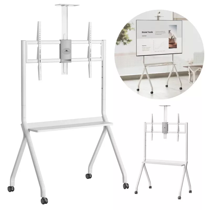 Soporte de TV de suelo MACLEAN MC-114 W para pantallas 55 inch–100 inch, blanco, VESA hasta 900x600, carga máxima 120 kg, altura 115–152 cm, estante