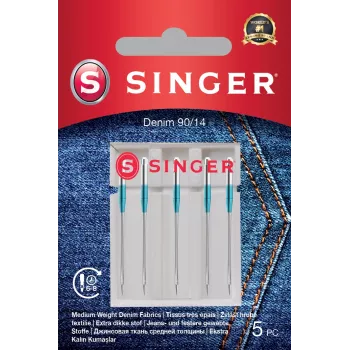 Agujas de máquina de coser SINGER Denim 90/14, pack de 5 – para tejidos gruesos (denim, canvas)