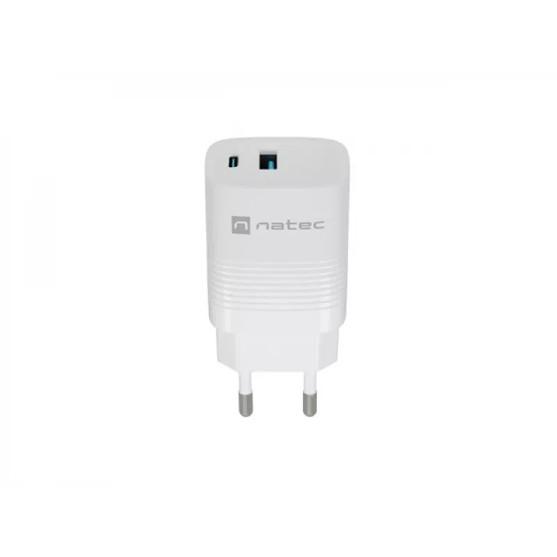 Cargador con cable para dispositivos móviles NATEC NUC-2140, 30W, USB-C PD 3.0 + USB-A, Samsung AFC, blanco