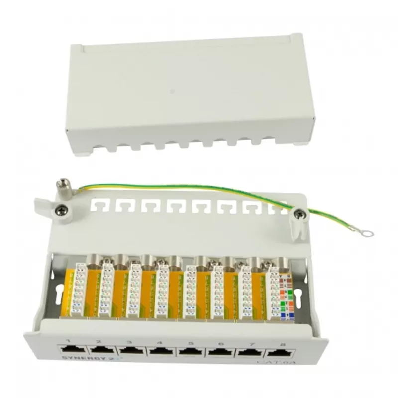 Panel de parcheo 8xTP, CAT6A, 500 MHz, montaje en superficie, gris claro, Syner (S216314)