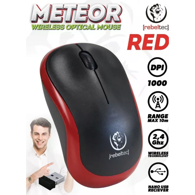 Ratón óptico inalámbrico Rebeltec METEOR rojo RBLMYS00049 USB