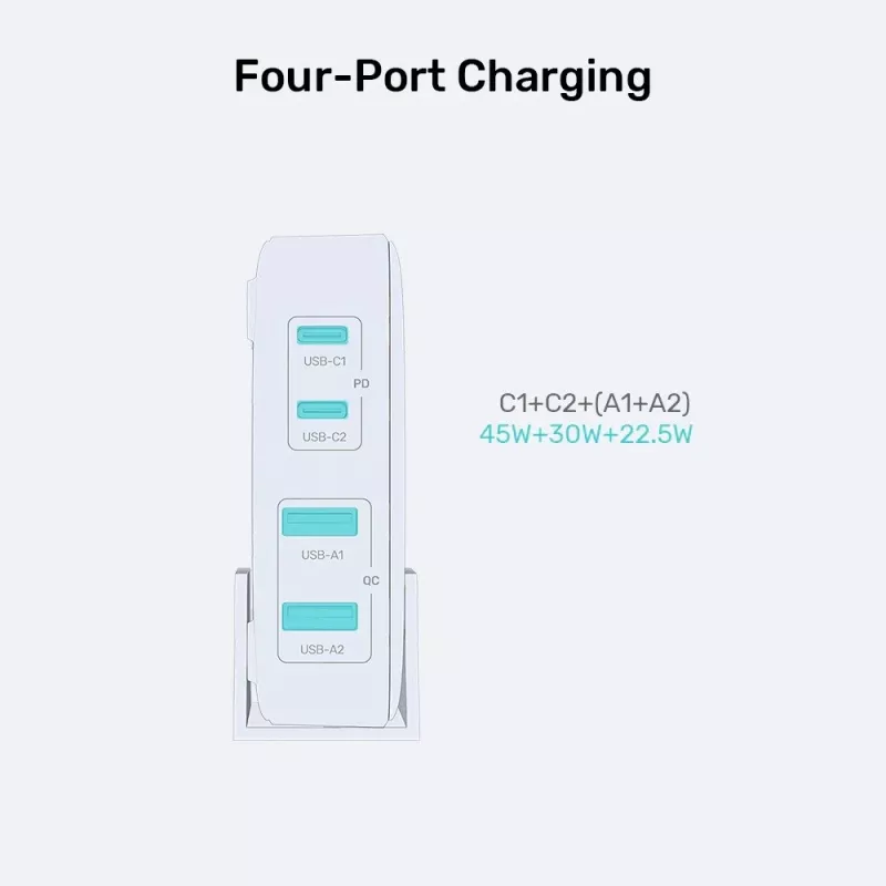 Cargador de escritorio Unitek P1229ABK01-EU 100 W con 2× USB-A y 2× USB-C