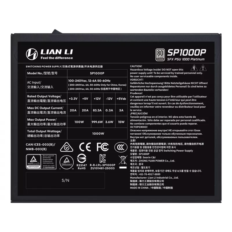 Fuente de alimentación Lian Li SP Series Platinum SFX totalmente modular PCIe 5.1 ATX 3.1 1000W