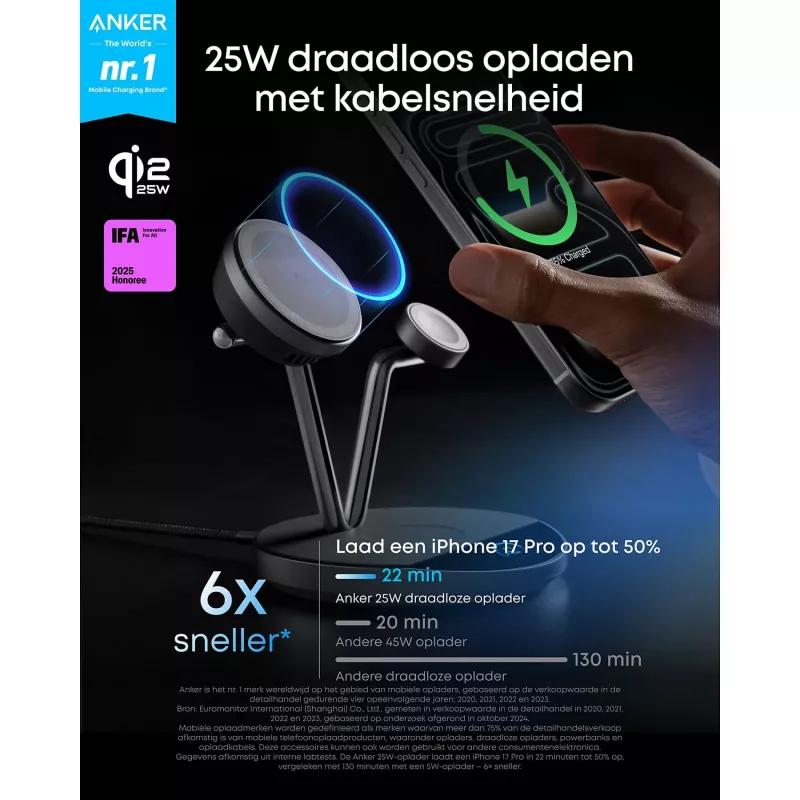 Anker Prime estación de carga inalámbrica Qi2.2 25W carga inalámbrica (3 en 1, MagGo, AirCool, soporte dock) incl. fuente de alimentación