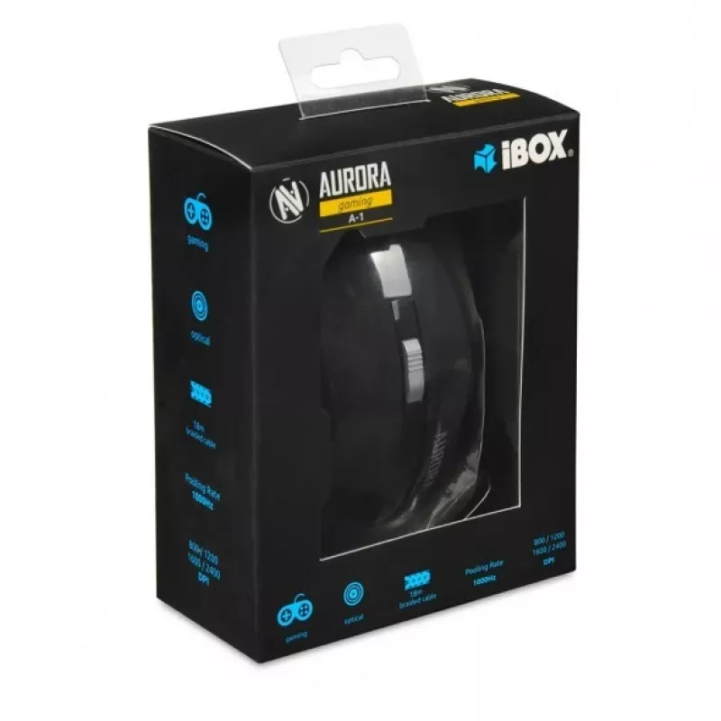 iBox Aurora A-1 IMOGS9031 ratón gaming óptico con cable, 2400 DPI, USB Type-A, RGB, para diestros, negro