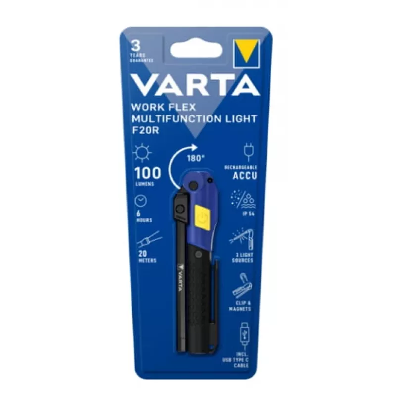 Luz de trabajo portátil Varta Work Flex negro LED, 100 lm, batería integrada, 6 h, aluminio/nailon/PC/goma, 120 mm