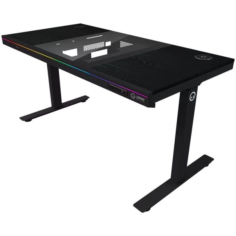 Mesa gaming de altura ajustable sentado/de pie con doble motor, caja de PC integrada, cargador inalámbrico, iluminación RGB, panel de control y puertos USB, tablero de melamina PB, negro