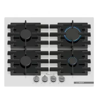Placa de gas empotrable Bosch PPP6A2I40, 4 zonas, rejillas de hierro fundido, negra, 590×520×54 mm, control por mando giratorio