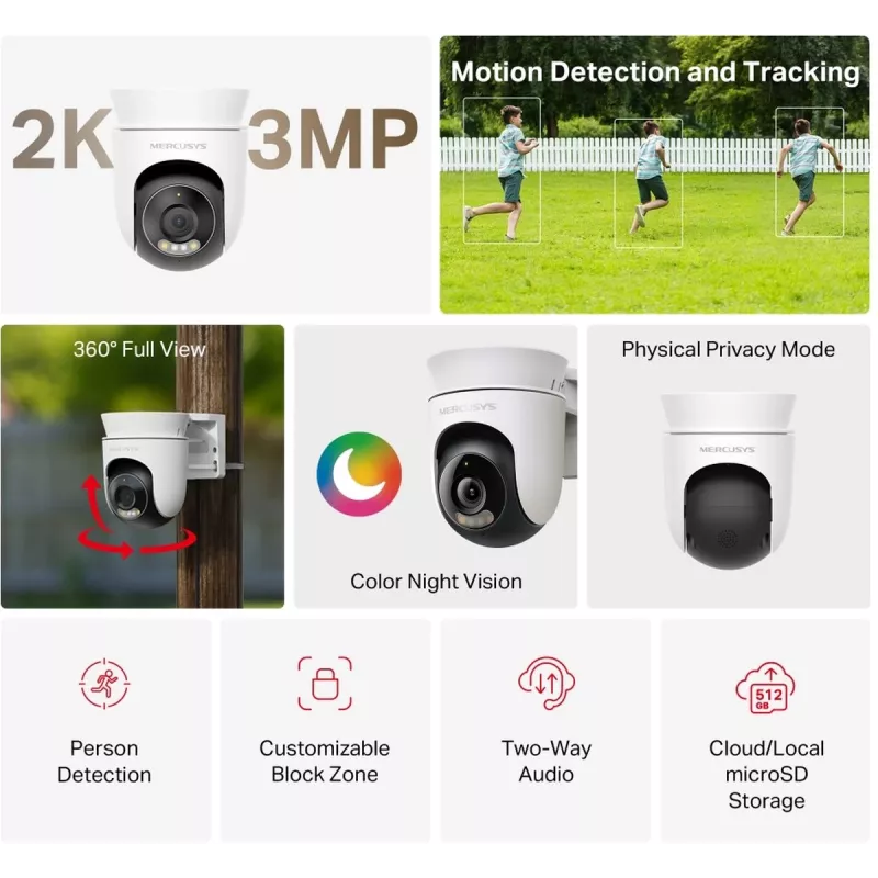Cámara de seguridad IP MERCUSYS MC510 domo 2 MP, 2304×1296, 30 fps, Wi-Fi y Ethernet, visión nocturna IR, montaje en techo, blanca