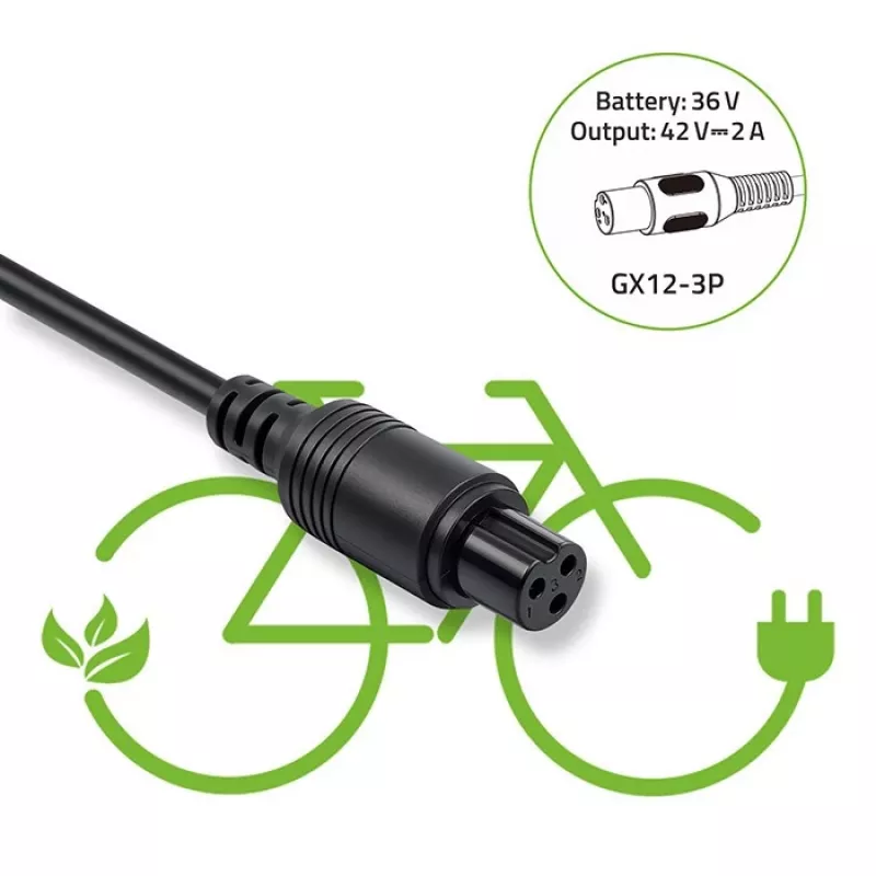 Cargador para e-bike QOLTEC 36V–42V 2A con conector macho GX12 de 3 pines