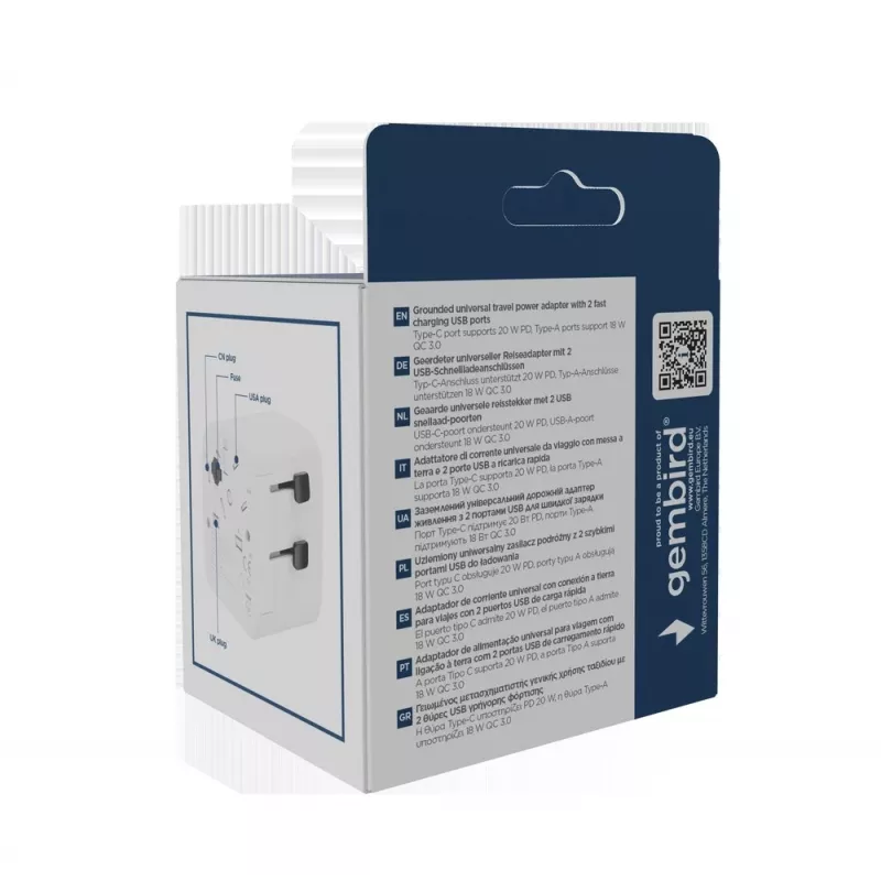 Fuente de alimentación de viaje GEMBIRD TPA-EU1A1C20-01-W 20W, USB-A 18W + USB-C 20W, toma Schuko, entrada 100–250 V