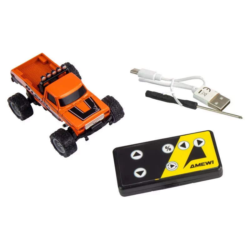 Monstertruck radiocontrolado Amewi DieCast 1:64 RTR naranja, carcasa metálica, Ready-to-Run