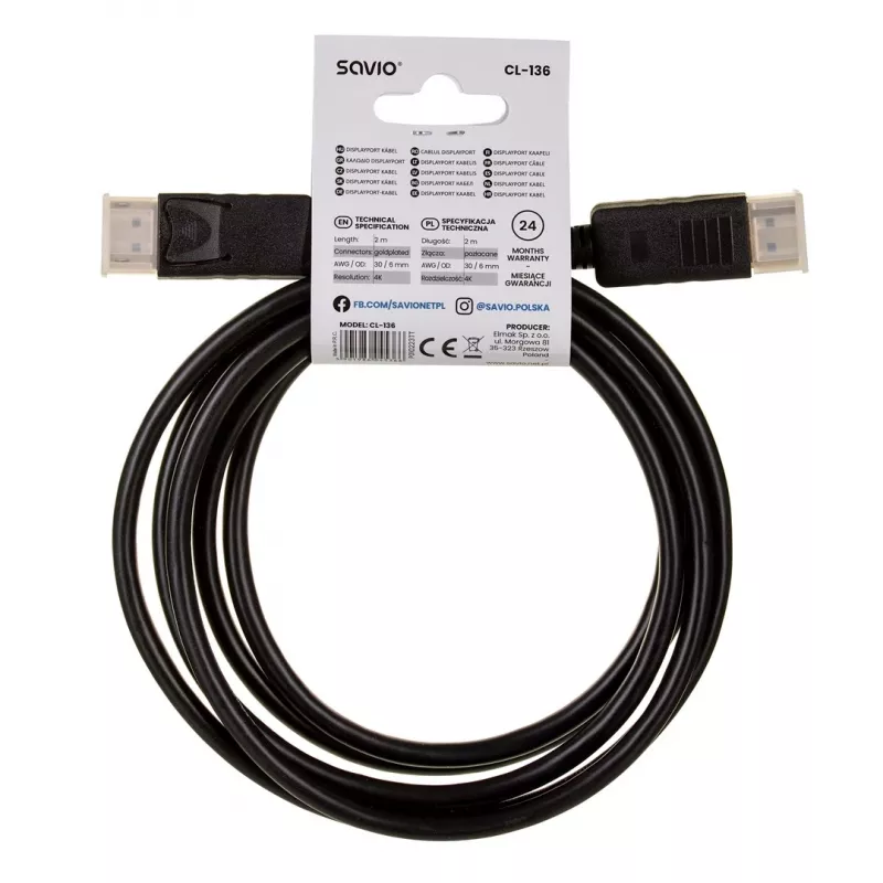 Cable DisplayPort SAVIO CL-136, conector macho-macho DisplayPort, 2 m, DP 1.2, contactos dorados, negro