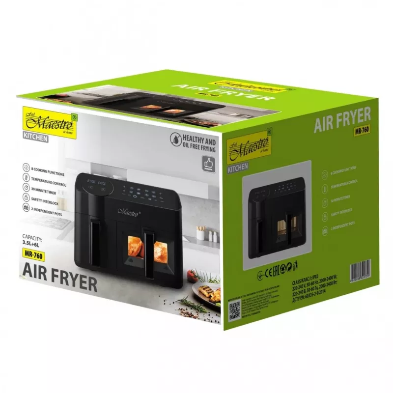 Freidora de aire eléctrica Maestro MR-760 – aparato de sobremesa con doble construcción, 3,5 L + 6 L, control táctil, 2000–2400 W, negro