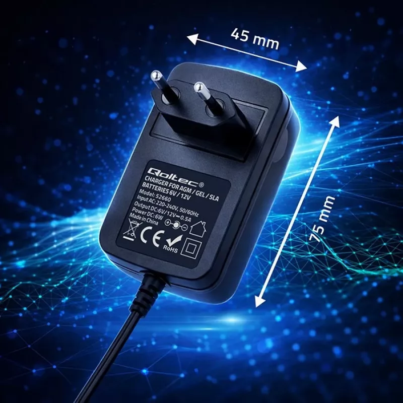 Cargador de baterías QOLTEC Modelo 52660 — 6V/12V, cargador 6W