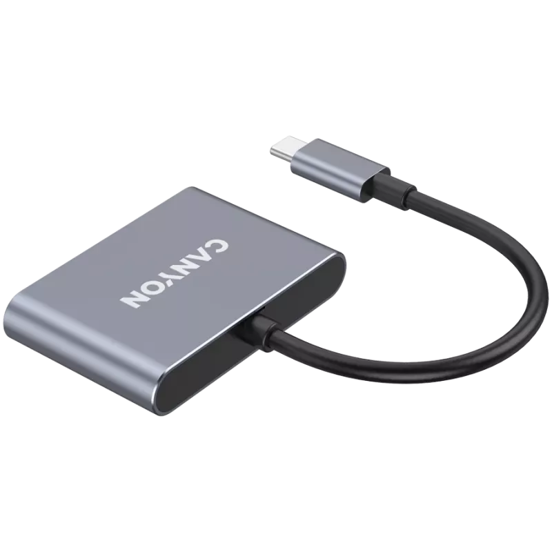Hub 3 en 1 USB-C CANYON DS-3 gris oscuro – USB-C a USB-A + HDMI + pass-through PD