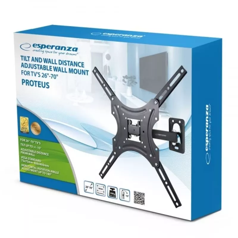 Soporte de pared para TV ESPERANZA PROTEUS para 26–70 inch (66–177,8 cm), inclinación ±15°, giro 120°, VESA 75×75–400×400, carga máx. 55 kg, negro