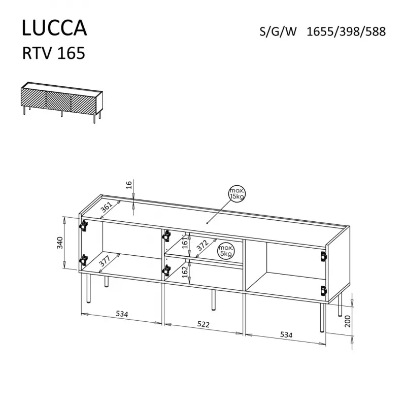 Mueble TV Cama LUCCA 3D 165×40×59 cm, blanco, parte superior de aglomerado