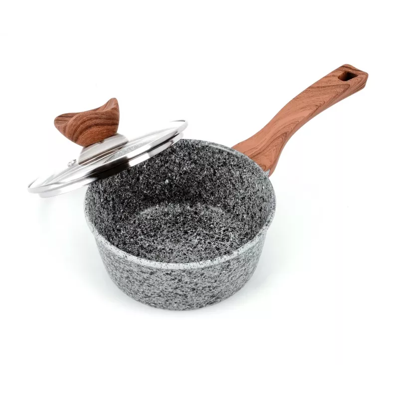 PROMIS Batería de cocina de granito, cazo 16 cm y ollas 20, 24, 28 cm, asas marrones