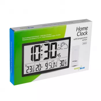 Reloj de pared GreenBlue GB218 — LCD extragrande, estación meteorológica, temperaturas interior/exterior, indicación de fecha