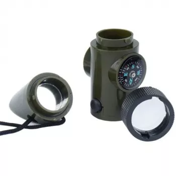 Silbato de supervivencia multifunción Mil-Tec SP.22073 — 6 en 1 oliva, brújula, termómetro, espejo, lupa, luz, 100×35×30 mm