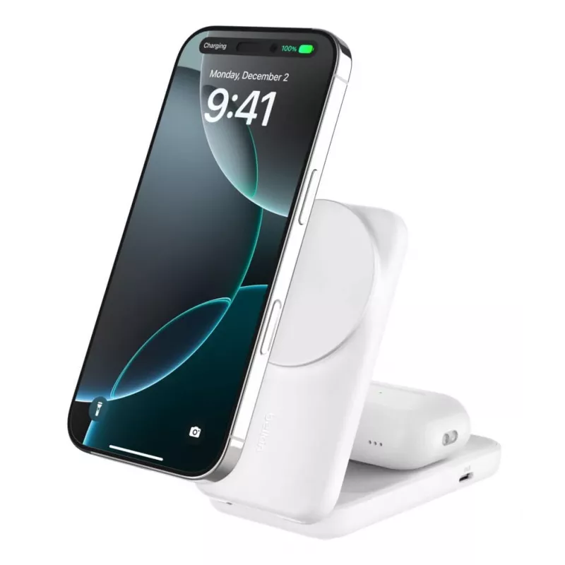 Belkin UltraCharge 25W Qi2 base de carga inalámbrica plegable 2 en 1, blanca (WIZ038KQWH)