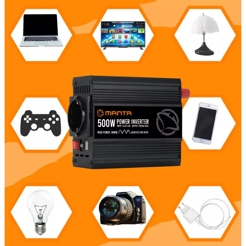 Inversor de corriente MANTA MPI500M 500W potencia continua / 1000W potencia máxima CC a CA