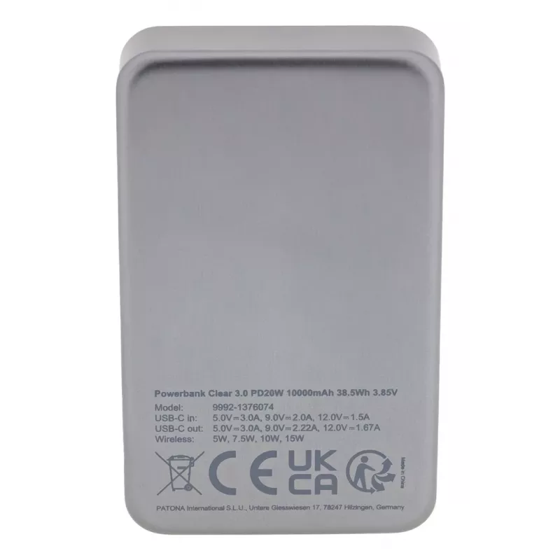 Patona Premium Clear 3.0 batería externa 9992, 10000 mAh, PD 20W, MagSafe 15W, USB-C, gris