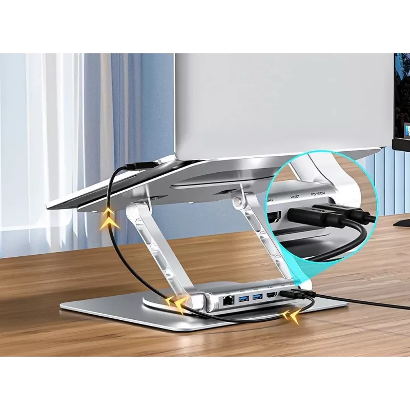 Soporte para portátil Unitek D1109B01 — soporte ajustable de aluminio con USB-C HDMI 4K PD 100W extraíble, 2x USB-A, RJ-45, para hasta 17