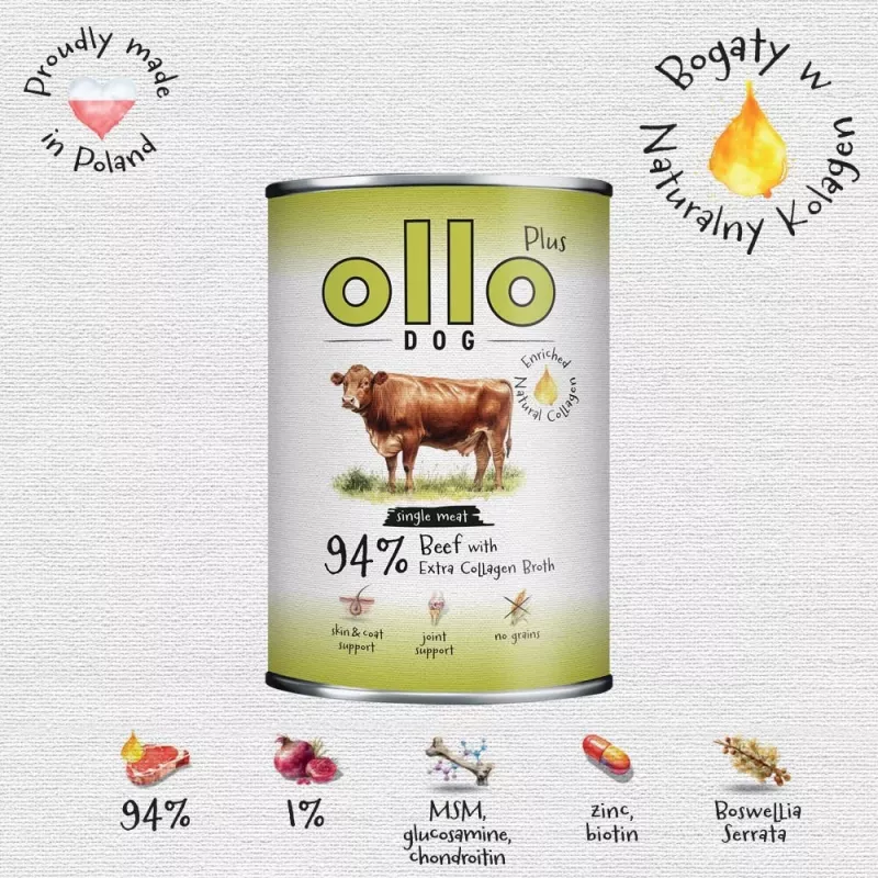 Ollo Plus Colágeno Ternera 400 g Lata de comida húmeda para perros
