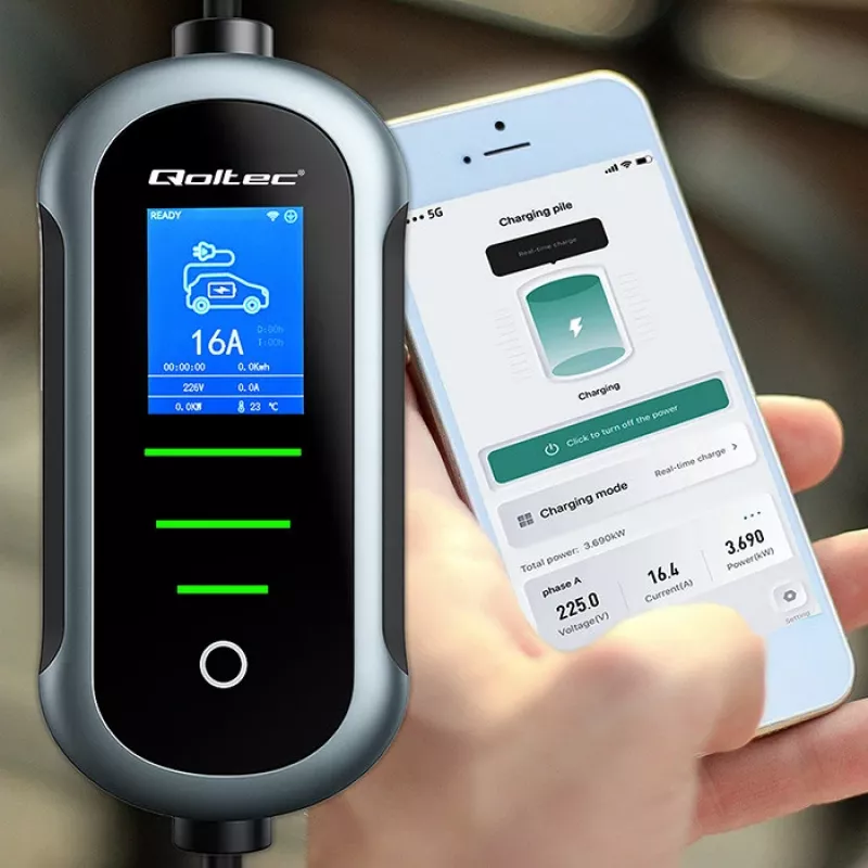 Cargador para coche eléctrico QOLTEC Mobile EV 2en1 Type2 11 kW 400 V Wi‑Fi TUYA SMART LIFE LCD wallbox portátil cable 5 m