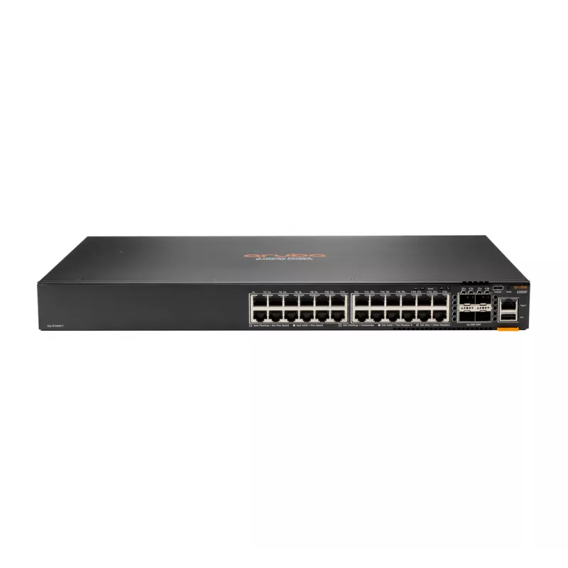 HPE - Serie Aruba - Aruba 6300F - Switch - L3 - gestionado - 24 x 10/100/1000 + 4 x 1 Gigabit / 10 Gigabit / 25 Gigabit / 50 Gigabit SFP56 (Uplink / Stacking) frontal y lateral a posterior