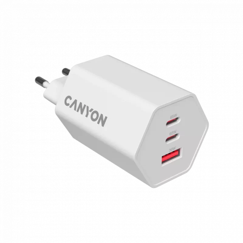 Cargador CANYON HEXAGON 65 GaN 65W 2xPD 1xQC EU blanco CND-CHAHEX65W