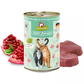 Comida húmeda para gatos Fox4Pets Granatapet DeliCATessen Caza y atún 400 g, alimento completo para gatos adultos, 78 % de humedad