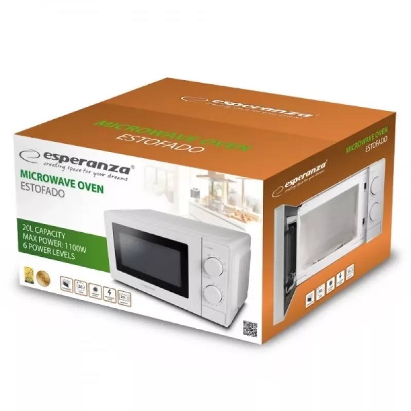 Esperanza ESTOFADO EKO011W microondas solo, de sobremesa, 20 l, 700 W, 5 niveles de potencia, plato giratorio de 24,5 cm, blanco