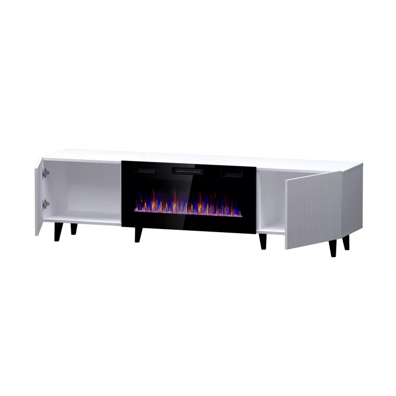 Mueble TV Cama Meble PAFOS EF con chimenea eléctrica 180×42×49 cm, blanco mate