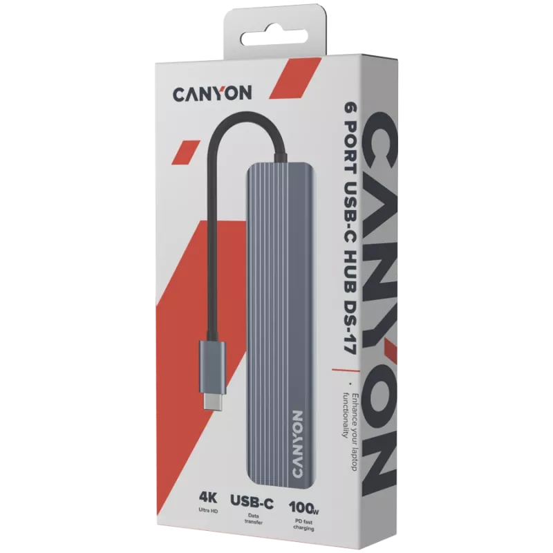 Hub USB Type-C CANYON DS-17 — HDMI, USB 3.2 Gen 1 A, USB-C, MicroSD, 10000 Mbit/s, gris