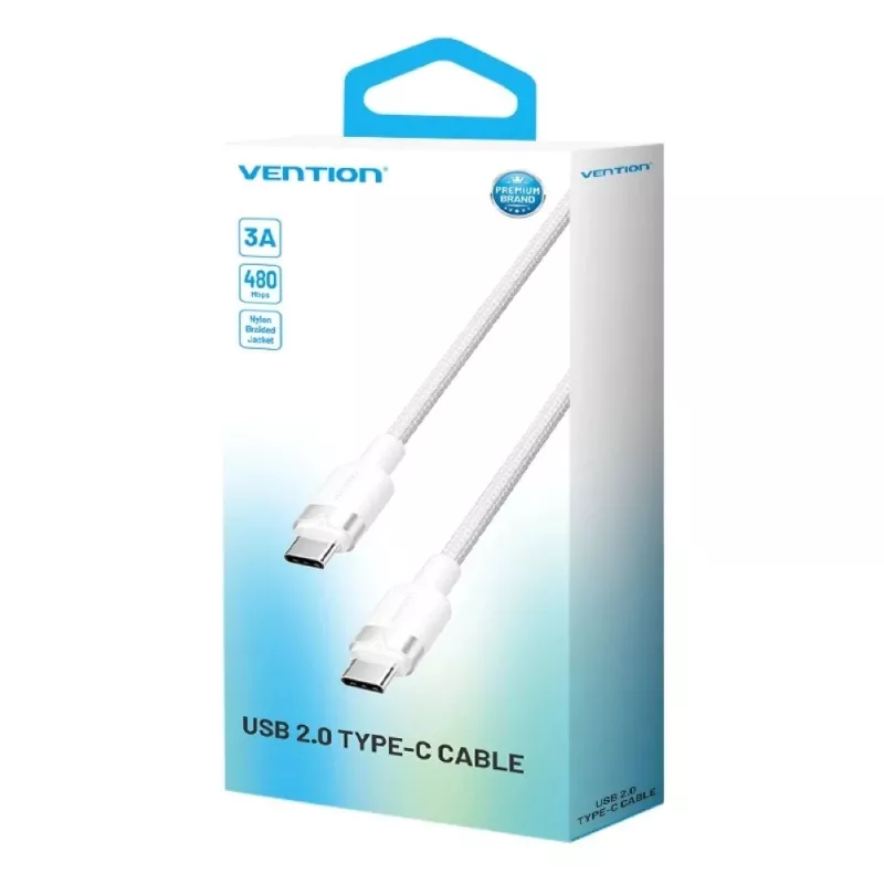 Cable USB-C a USB-C Vention TRDWF — 1 m, USB 2.0, 60 W Power Delivery, 3 A, blanco