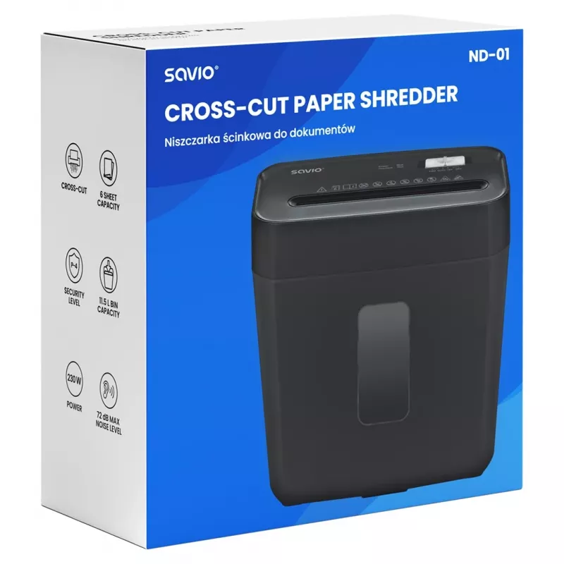 Destructora de documentos SAVIO ND-01, corte cruzado 4 x 32 mm, depósito de 11 L, 230 W, negra, 72 dB