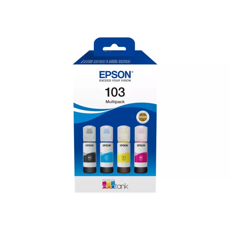 Set de cartuchos de tinta Epson EcoTank 103 — set original de 4 colores (negro, cian, magenta, amarillo), negro 4500 pág., color 7500 pág.