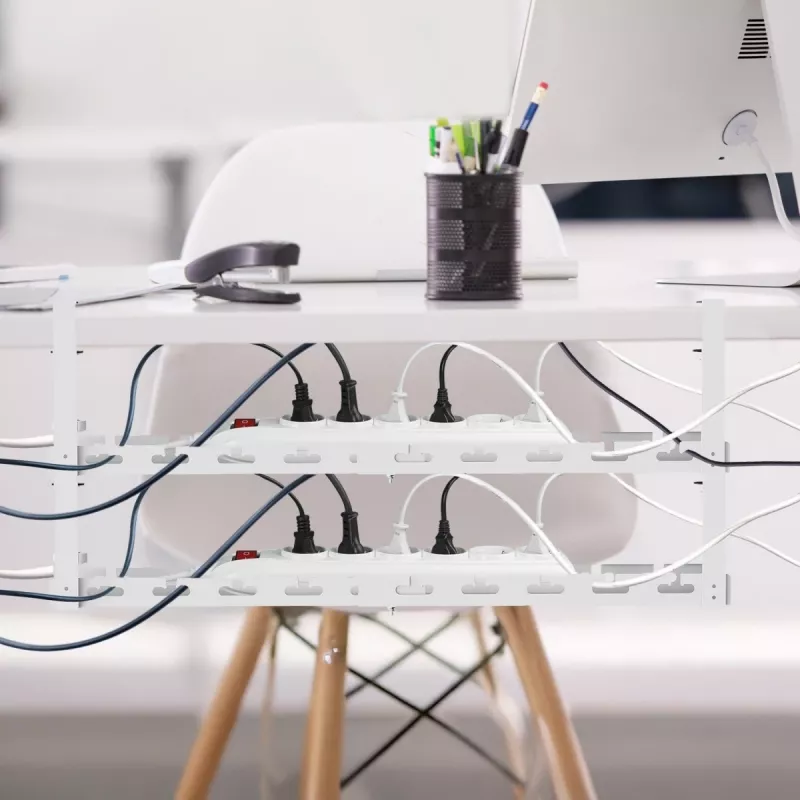 Organizador de cables bajo mesa MACLEAN MC-102W – soporte de acero para montaje bajo mesa, longitud regulable, compatible con tableros de 0,5–5 cm, carga 5 kg, blanco